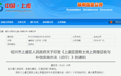 上虞区国有土地上房屋征收与补偿实施办法（2018）