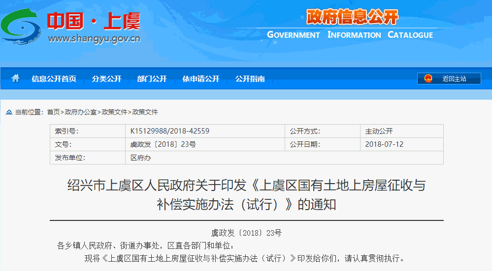 上虞区国有土地上房屋征收与补偿实施办法（2018）