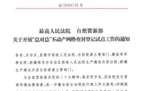 最高院关于开展“总对总”不动产网络查封登记试点工作的通知